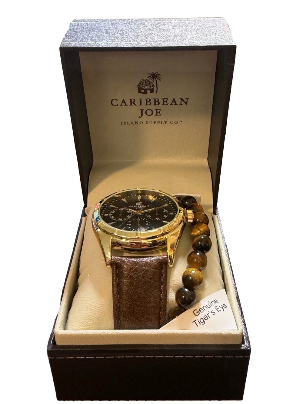 Caribbean Joe Mens Chronograph Watch Gold Tone Brown Leather Band Set